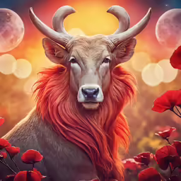 the horned animal with red mane is sitting in front of some red flowers