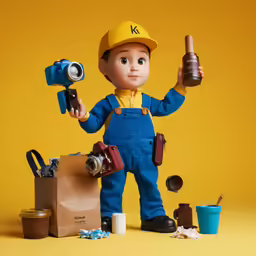 a very cute little kid with some construction items