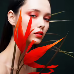 a young woman with bright red makeup is holding large red flower