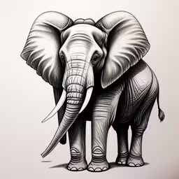 an elephant is drawn with ink while its trunk reaches towards the ground,an elephant is shown with a white background,an elephant in a line drawing technique,an elephant stands in profile while sketched on paper,an elephant drawn with ink is standing on the floor