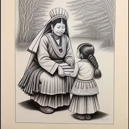 the drawing depicts a young girl handing an elderly woman a card,an indian woman is handing a child something