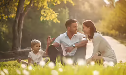 the man and woman sit on a blanket and talk to their toddler daughters