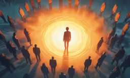 a group of people standing in front of a giant sun
