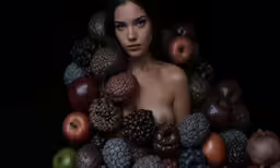 a woman is sitting in the middle of many different fruits
