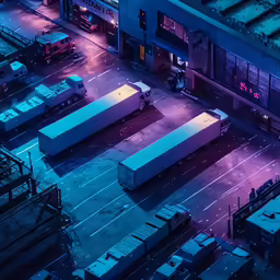 semi trucks parked in an industrial zone at night
