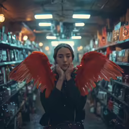 a woman with red wings holding her face in front of a bookstore filled with books
