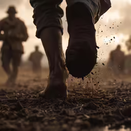 a man in black pants and hat walking through dirt