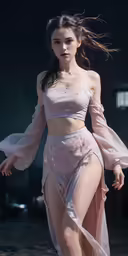 a model is modeling in an off - shoulder gown and a high - low skirt