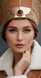 woman with a gold head band wearing a fur hat