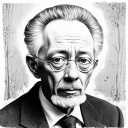 a black and white drawing of a man with glasses