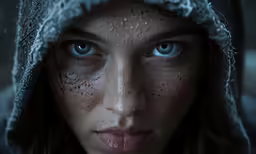 a young woman with freckled eyes, wearing a hooded jacket