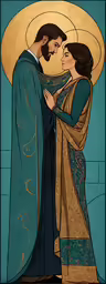 a painting of a man and woman embracing