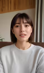 an asian woman with brown hair and a white sweater