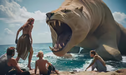 people sit and watch a woman standing next to a stuffed animal
