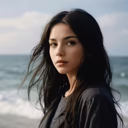 the girl has wet black hair on her head
