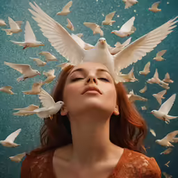 a woman with a head full of birds around her