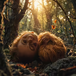a person with his face covering a dog by a tree