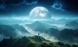 a person stands alone in a dark mountain valley with a moon rising over a misty mountain range