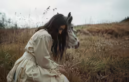 a woman is kneeling by her horse in the field