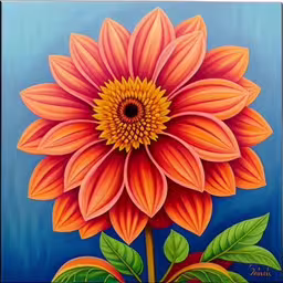 the painting shows a big flower on the blue background,a painting on a canvas of a big pretty flower