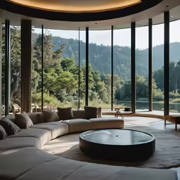 a circular sofa that is surrounded by a large window