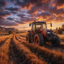 a farm tractor pulling its trailer behind it through an open field