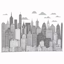 a black and white drawing of a cityscape