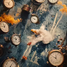many different clocks are scattered around them