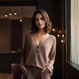 a beautiful woman standing by a window, with her back to the camera