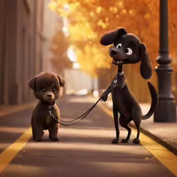cartoon dog and puppy on leash walking down the street