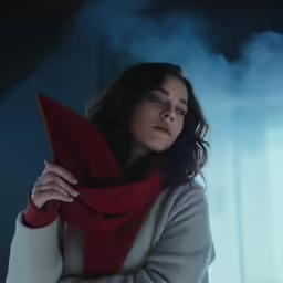 a woman wearing a scarf stares over her shoulder