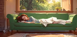 a woman laying on a couch with her hands over her body,a red headed woman laying on a green couch in a room