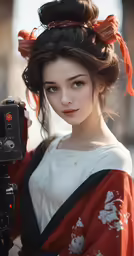 an asian girl is standing with a camera