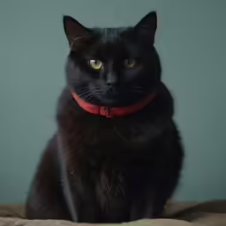 a black cat sitting on top of a bed