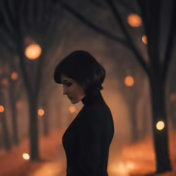 a girl stands alone among the trees and lights