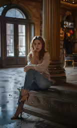 a woman in heels sits next to columns