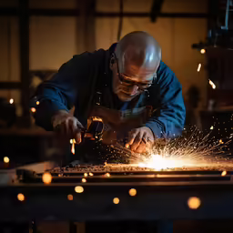 an older man grinding steel in a workshop