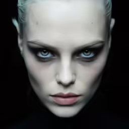 a woman with blue eyes looks straight ahead