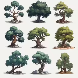 trees and rocks are shown on a white background