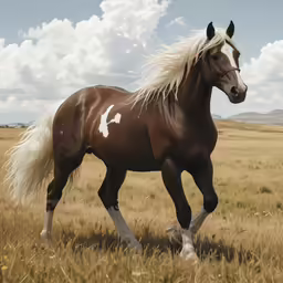the horse is in the big field with a sky background