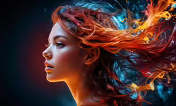 a beautiful young woman with red hair and flowing flames