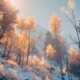 the sun shines through a tree filled mountain