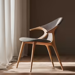 a modern wooden chair in the corner of a room