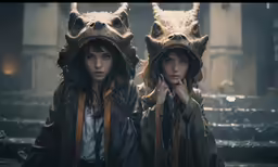two women in animal themed hats walking outside