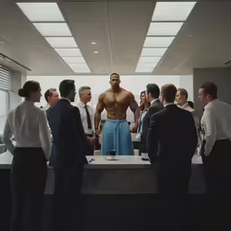 a group of business people gathered around a muscular man