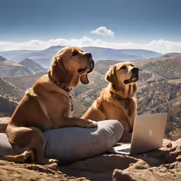 two dogs are standing on rocks near a laptop