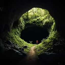 a person walks into a dimly lit tunnel