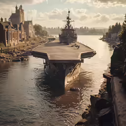 the battleship is in the water while the tug boat is close