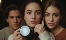 two women and a man looking through a magnifying glass