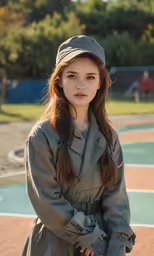 a young woman posing for the camera on a basketball court